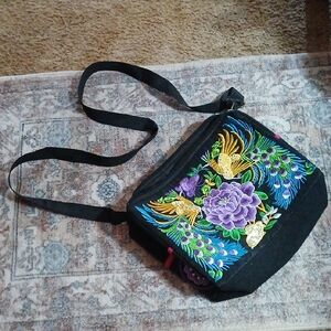 Embroidered Double Sided Black and Purple Women's Crossbody  Bag